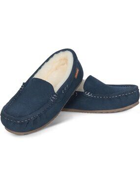 Women's Indigo Suede Moccasin Slippers Faux Fur Lined Warm Cozy Winter Shoes